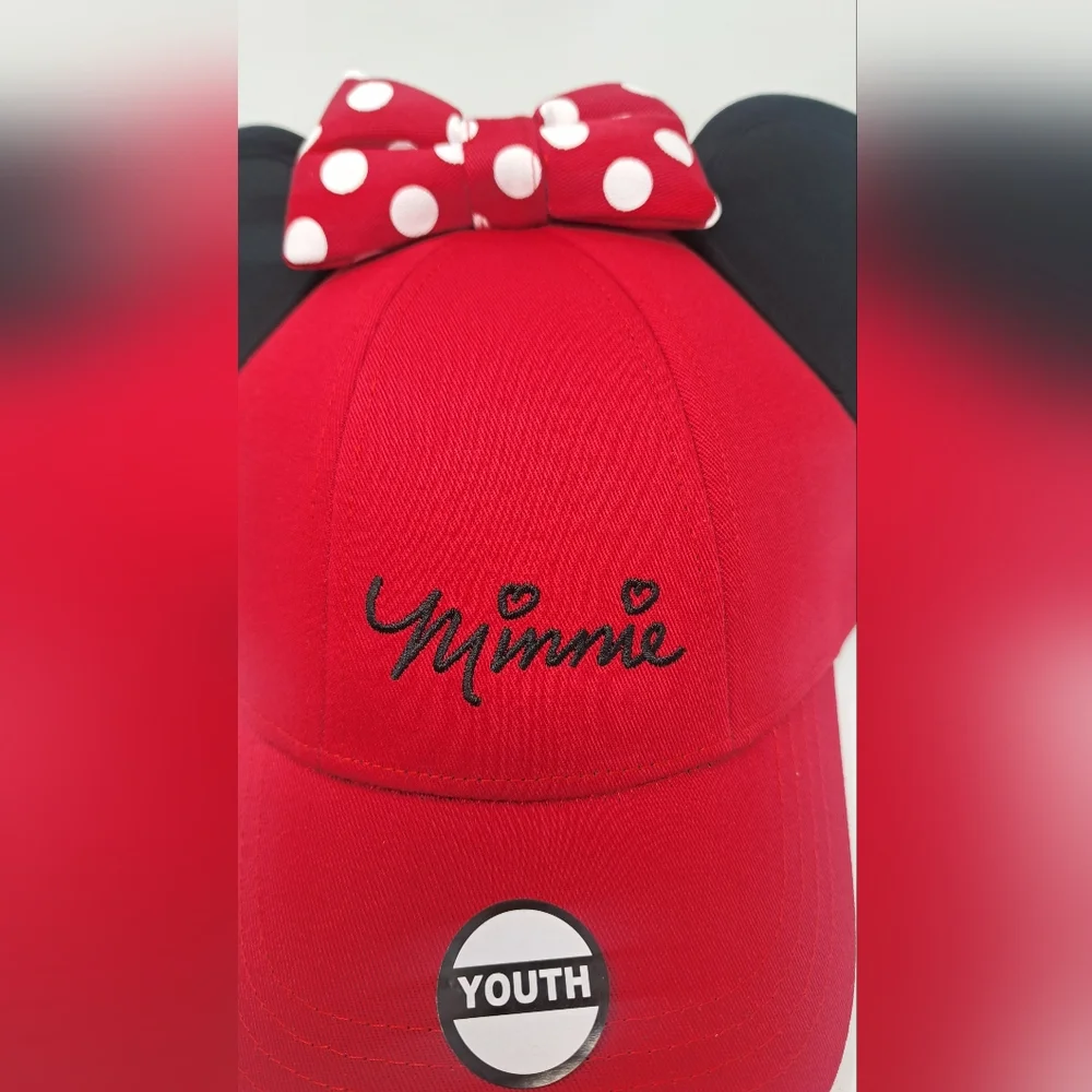 Disney‎ Minnie Mouse Ears W/ Polka Dot Bow Red and Black Youth Hat Cap New